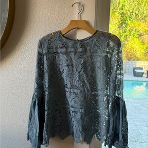 Adiva Light Blue Bell Sleeve Lace Blouse Built in Camisole Size Medium